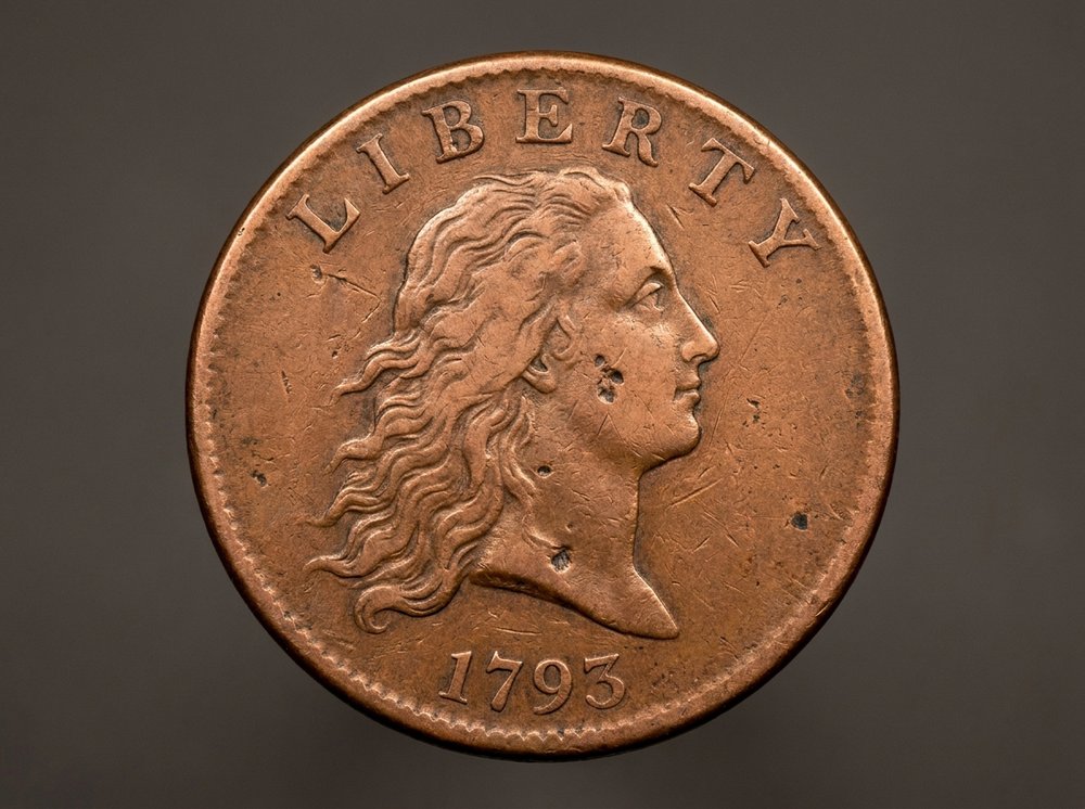 1793 Chain cent large copper penny obverse showing Liberty with flowing hair
