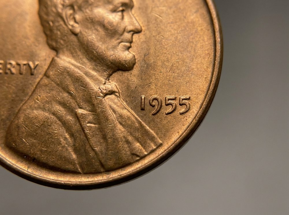 1955 doubled die obverse Lincoln wheat cent showing doubled date and lettering